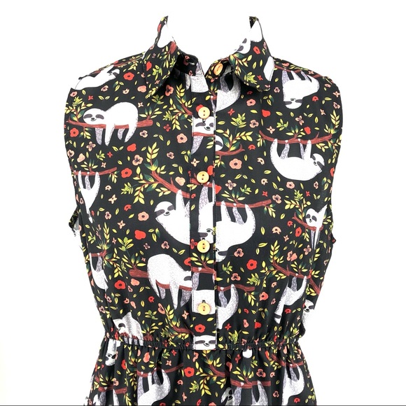 LaVie Lente Black & Red Sleeveless Sloth Print Mini Sheath Dress - Picture 3 of 9